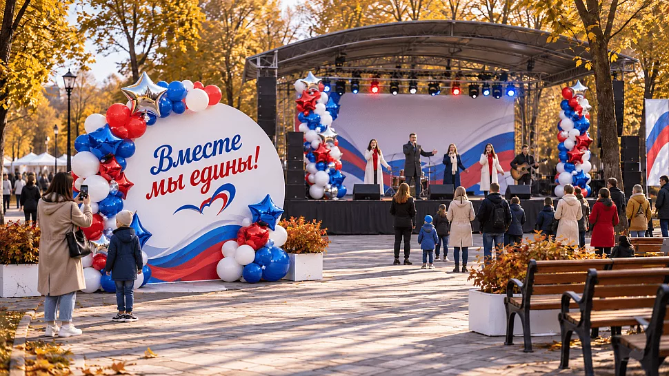 Оформление городской праздничной площадки шарами триколор к 4 ноября