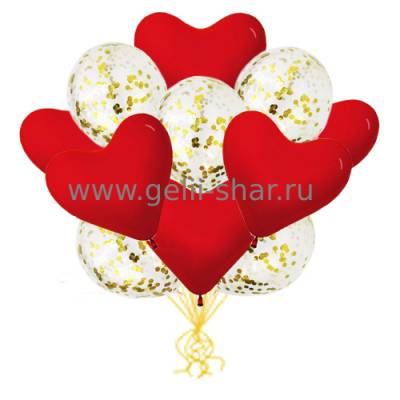 Облако Красных Сердец и Прозрачных шаров с Конфетти