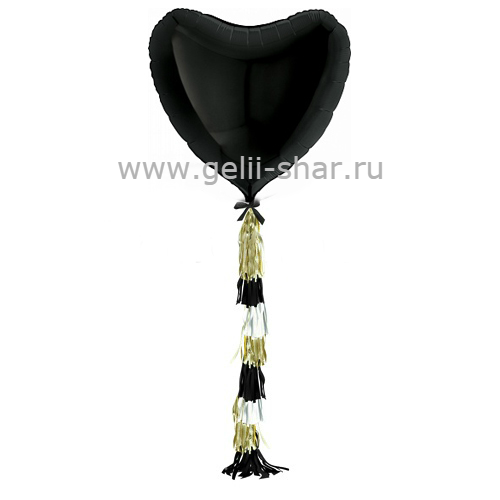 Сердце из фольги с гирляндой тассел Черное, 81 см